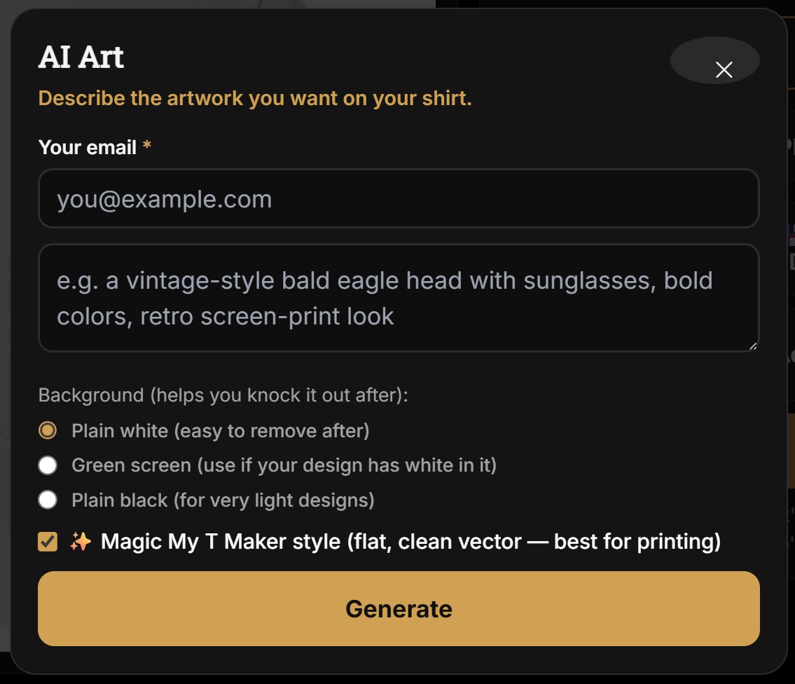 AI Art panel: describe artwork, choose a background, generate print-ready vector art