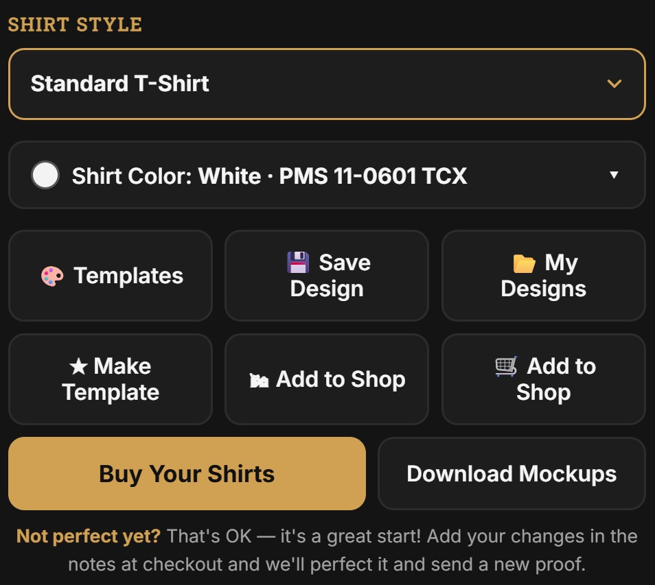 Shirt style and color picker with save, templates, buy and download mockup buttons