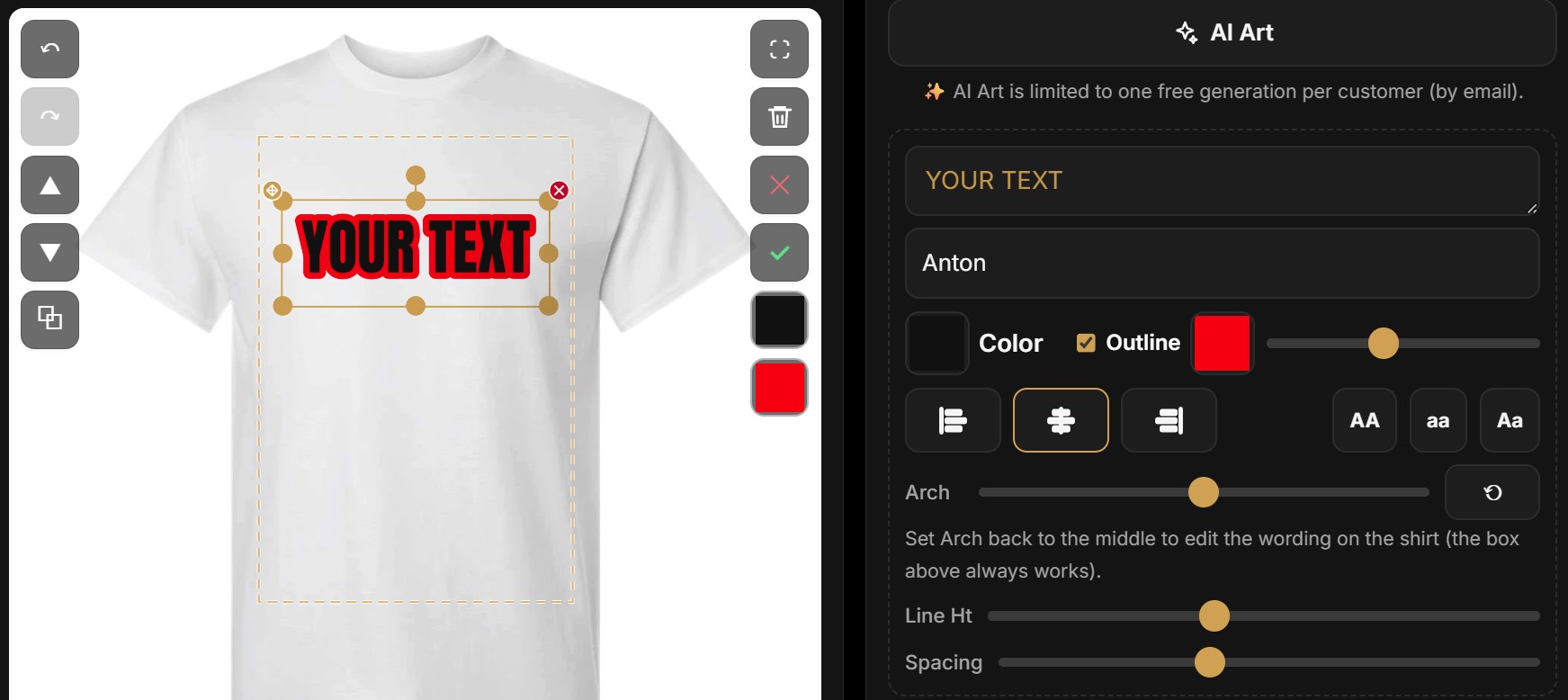 The My T Maker designer: live text editing with outline and font controls on a white t-shirt
