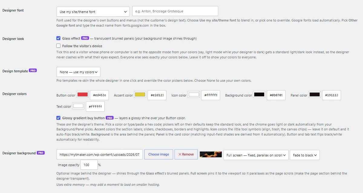Appearance admin page