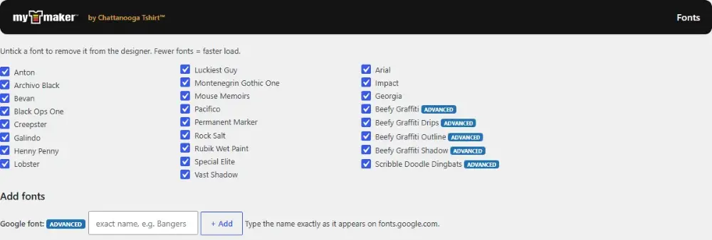 Fonts admin page: untick fonts, add Google fonts, upload OTF, TTF or WOFF2