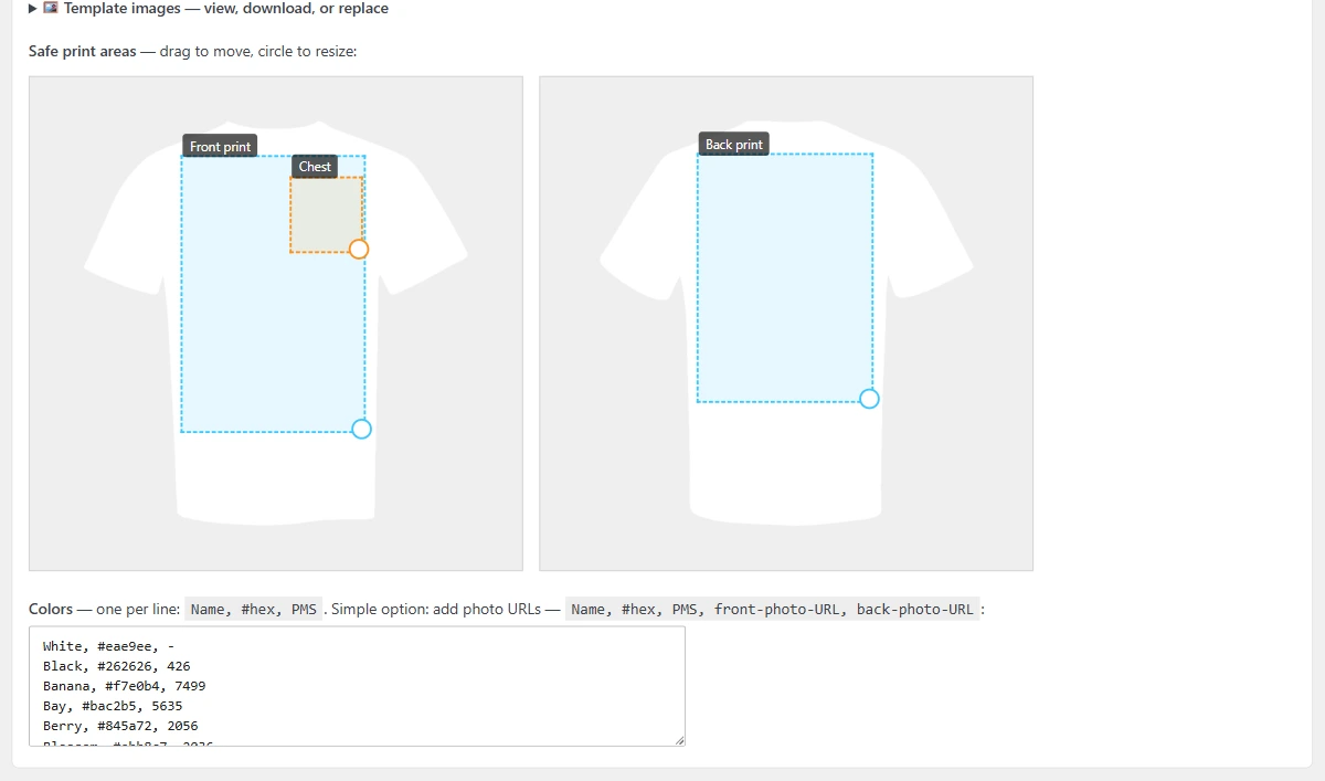 The garment wizard's safe-zone editor drawing the print area on a new custom garment