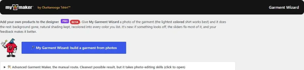 Garment Wizard admin page: the wizard button and the Advanced Garment Maker