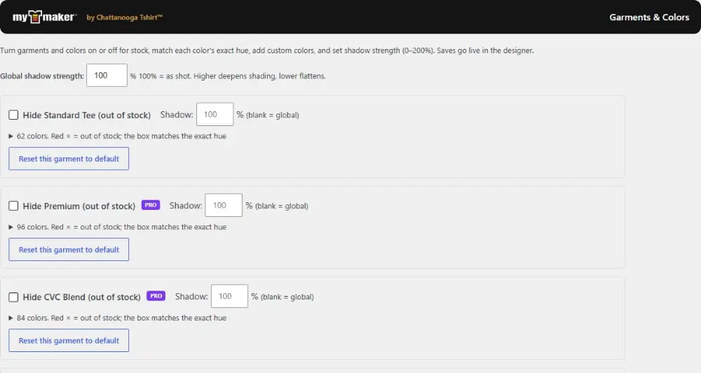 Garments and Colors admin page