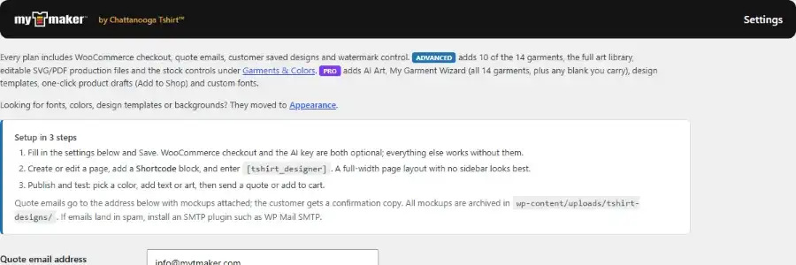 Settings, top: setup in 3 steps, quote email, AI Art