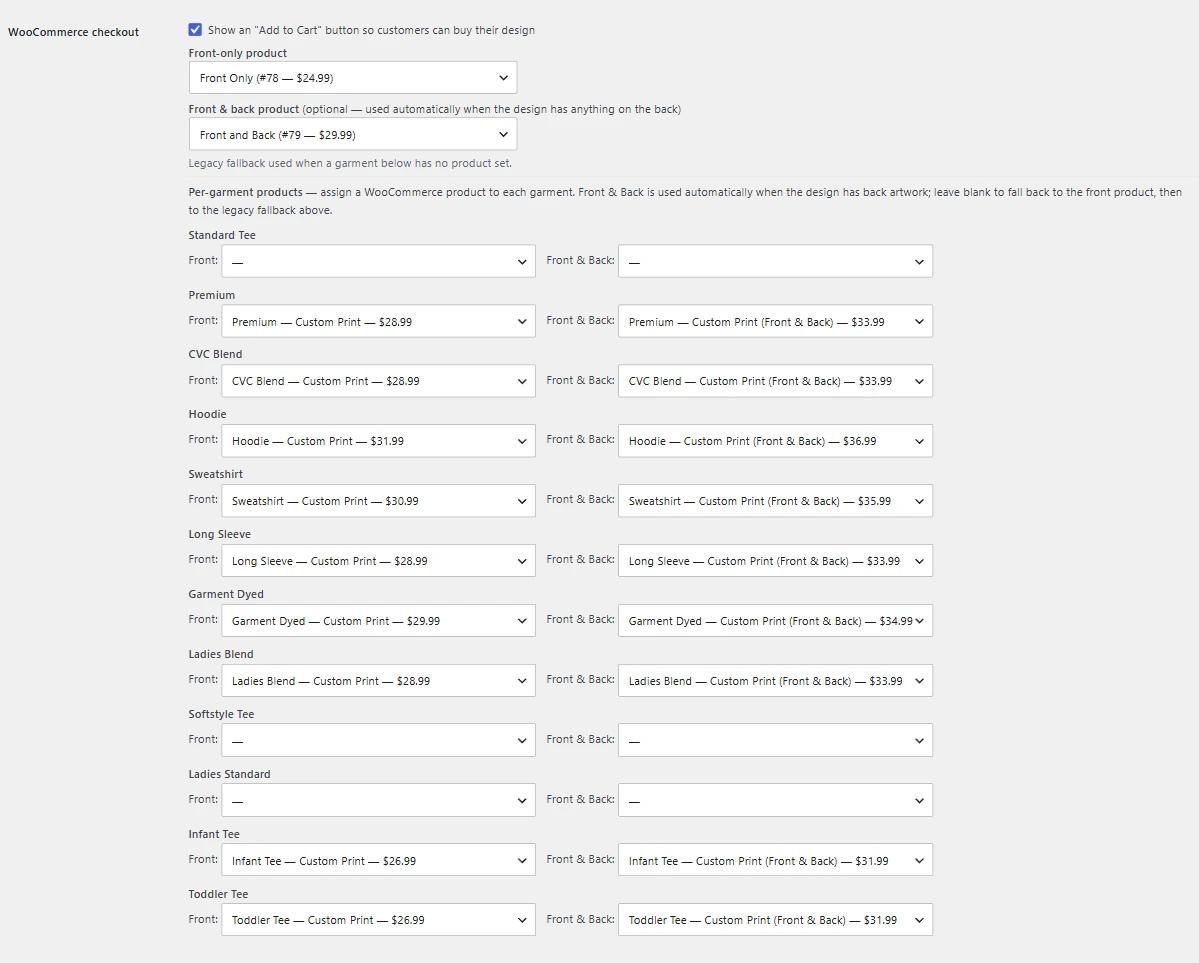 Per-garment product mapping in Settings